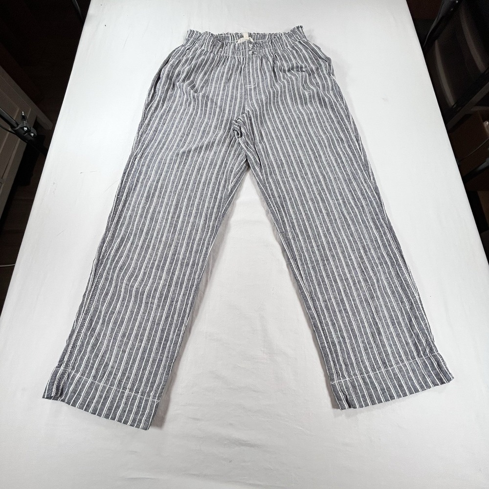Briggs Relaxed Fit Linen Pants Women M Gray & White Striped Elastic Waist